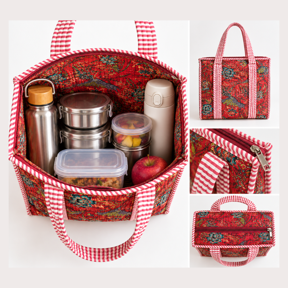 Quilted Naturally Insulated Lunch Tote Bag – Red floral