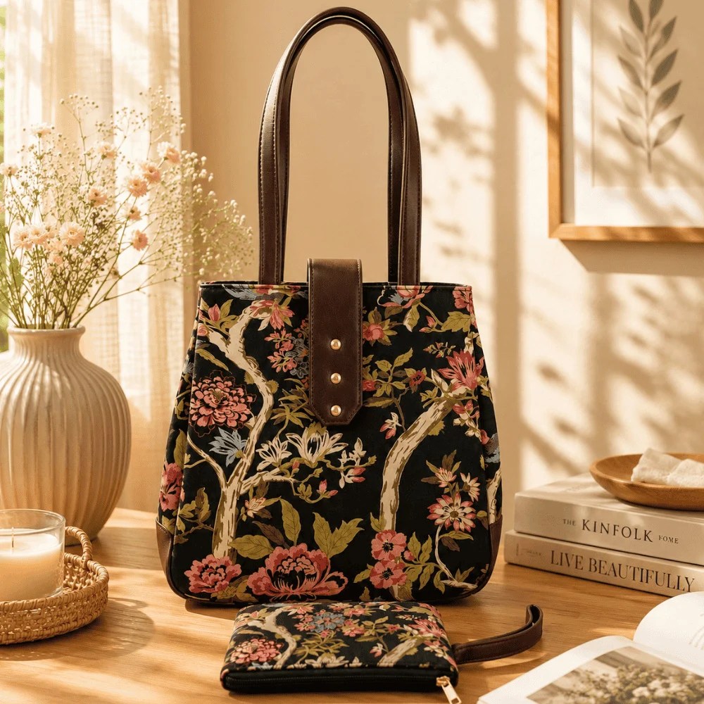 Trinity 3-Zip Organizer Tote Bag with Matching Pouch – Midnight Bloosom