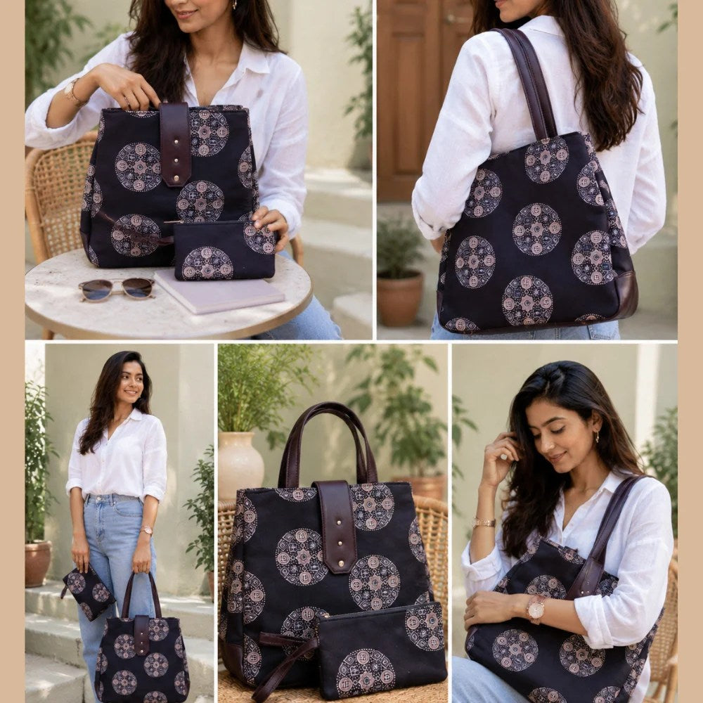 Trinity 3-Zip Organizer Tote Bag with Matching Pouch – Mandala Magic