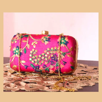 Embroidered Party Clutch |Ethnic Glam Zari Work| Handcrafted Chain Bag