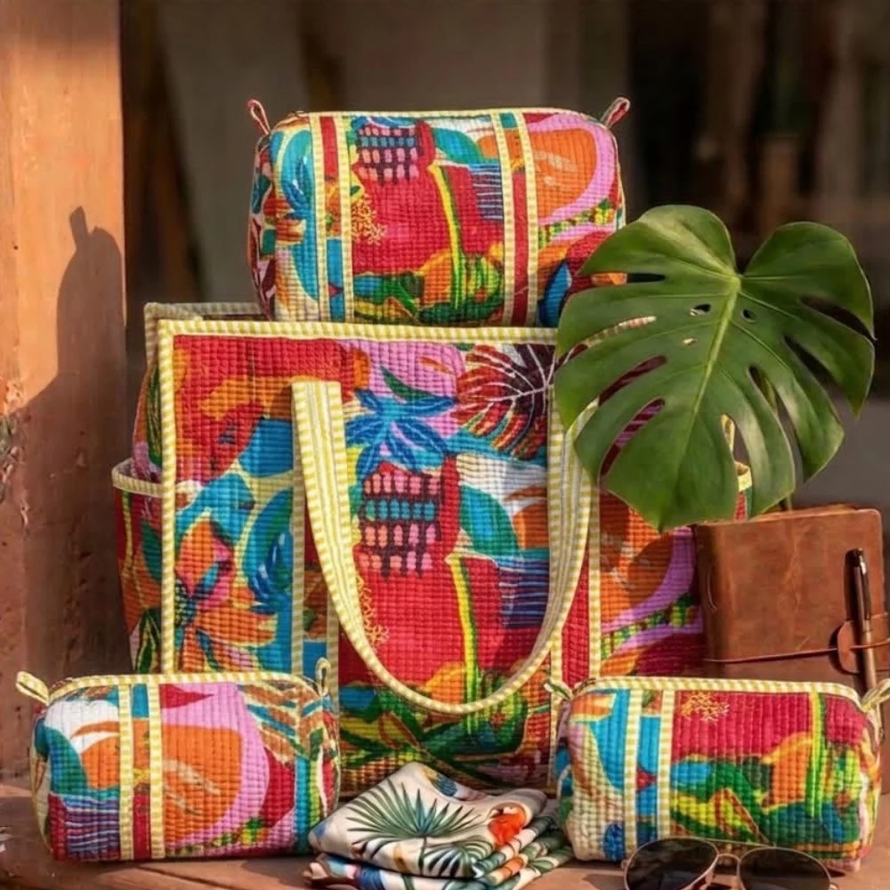 Quilted combo Set – Tote + 3 set of Vanity Pouches | Best for Travel & Hospital Visit – Prismatic