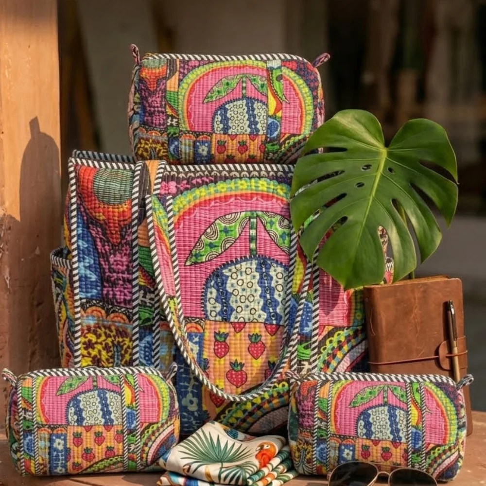 Quilted combo Set – Tote + 3 set of Vanity Pouches | Best for Travel & Hospital Visit – Blush Rush