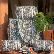 Quilted combo Set – Tote + 3 set of Vanity Pouches | Best for Travel & Hospital Visit -Green Forest