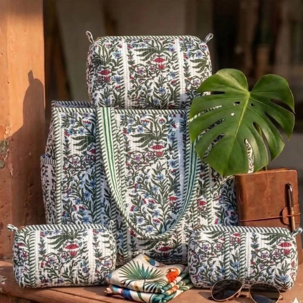Quilted combo Set – Tote + 3 set of Vanity Pouches | Best for Travel & Hospital Visit -Green Forest
