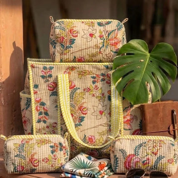 Quilted combo Set – Tote + 3 set of Vanity Pouches | Best for Travel & Hospital Visit -Pastel Hues