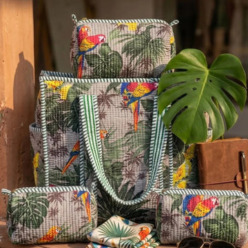 Quilted combo Set – Tote + 3 set of Vanity Pouches | Best for Travel & Hospital Visit -Painted Bunting