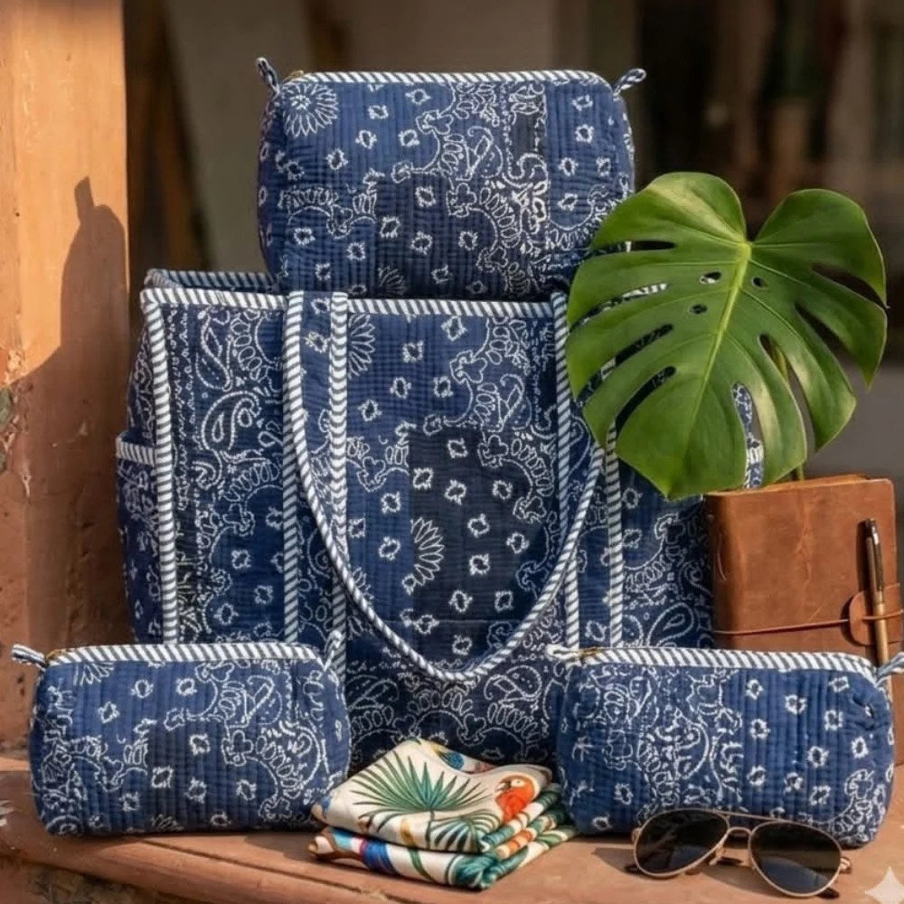 Quilted combo Set – Tote + 3 set of Vanity Pouches | Best for Travel & Hospital Visit -Deep Ocean