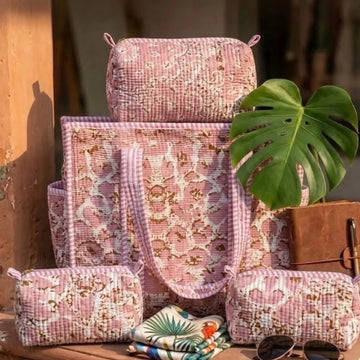 Quilted combo Set – Tote + 3 set of Vanity Pouches | Best for Travel & Hospital Visit – Tender