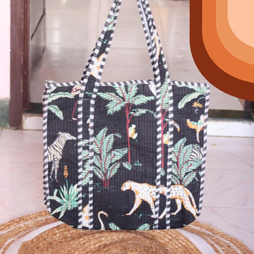 Modern Kattapai Washable Tote Bag for Women | Multifunctional Fabric Shoulder Bag | Aesthetic Floral College & Everyday Carry Bag- Jungle