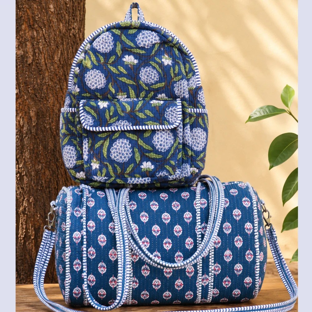 Quilted Travel Combo – Duffel + Backbag | Blues & Leaves