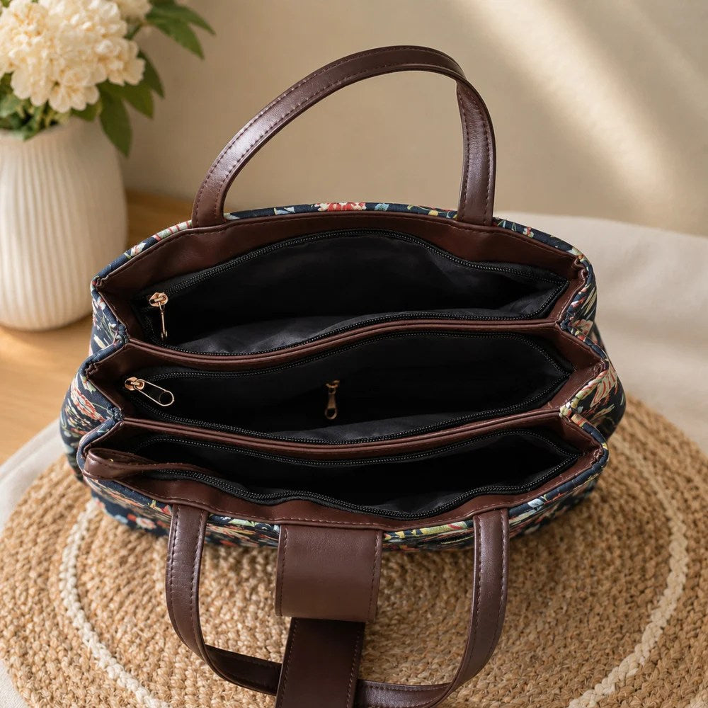 Trinity 3-Zip Organizer Tote Bag with Matching Pouch – Midnight Bloosom